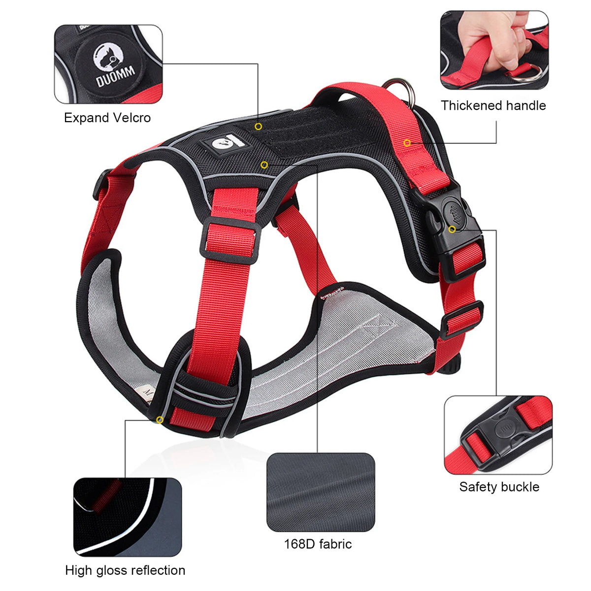 Heavy-duty Oxford dog harness for hiking and training. Red and black dog harness with features highlighted.