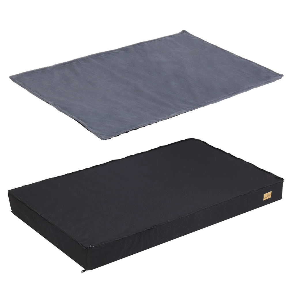 Black pet bed and gray mat on a white background - Orthopedic dog crate mattress providing supportive cushioning for medium and large breed dogs