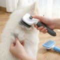Dual-use self-cleaning slicker brush removing loose fur from a dog