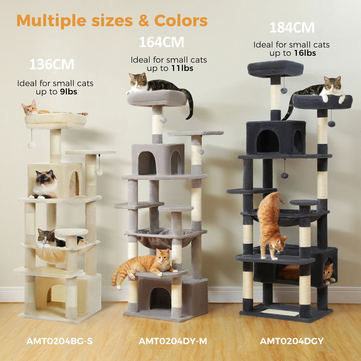 Three cat trees of different sizes with cats on them, for small, medium, and large cats
