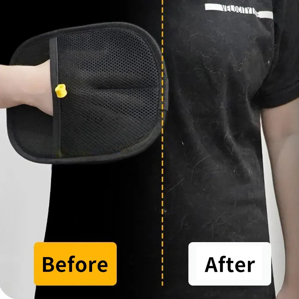 Before-and-after comparison showing pet hair removed from dark fabric with a reusable cleaning mitt.