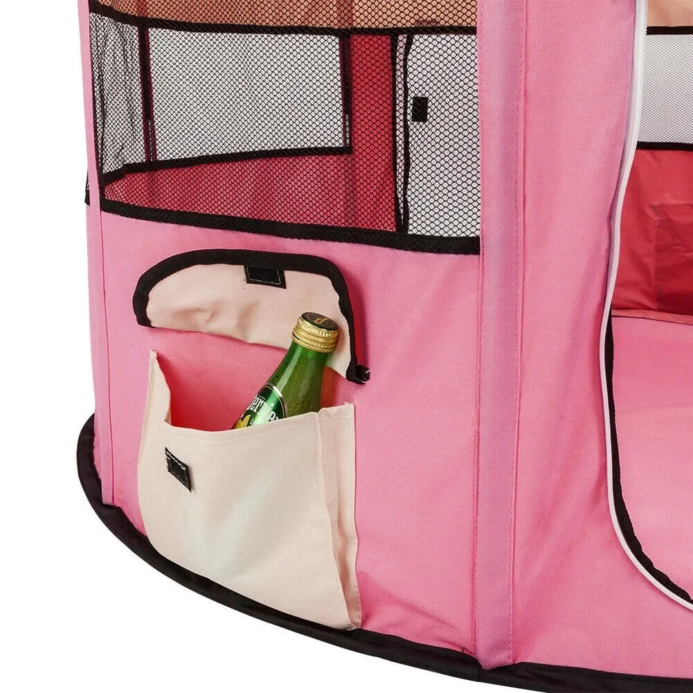 Portable pink pet playpen with a bottled inside a pocket - for indoors and outdoors.