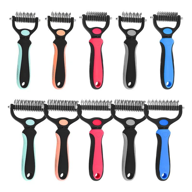 Set of pet grooming tools with colorful handles on a white background - Professional deshedding tool for removing loose dog and cat hair.
